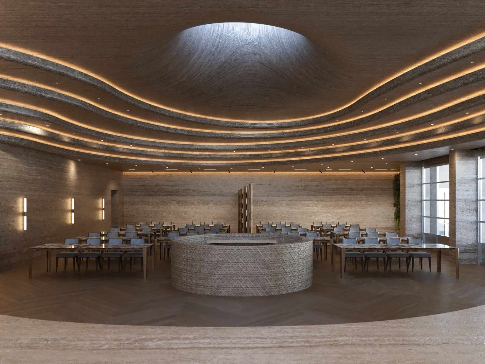 Front view of the renovated auditorium with sculpted illuminated ceiling and central circular bimah