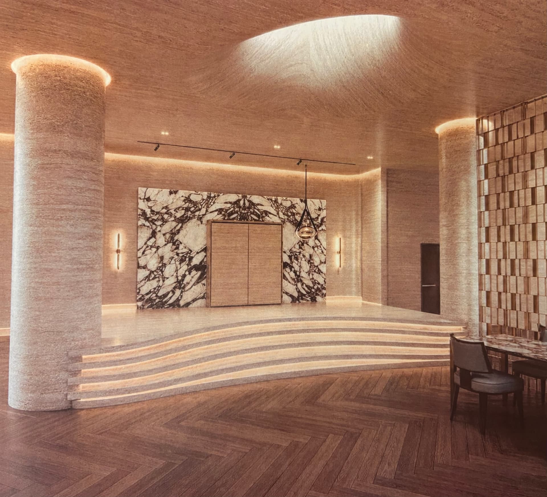 Rendering of the renovated stage area with a marble-clad wall, Aron Kodesh doors and illuminated curved steps